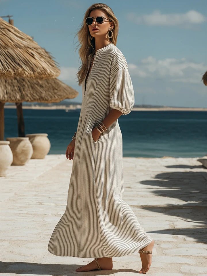 Damen Gestreiftes Knopfleisten Dreiviertelarm Midi-Kleid