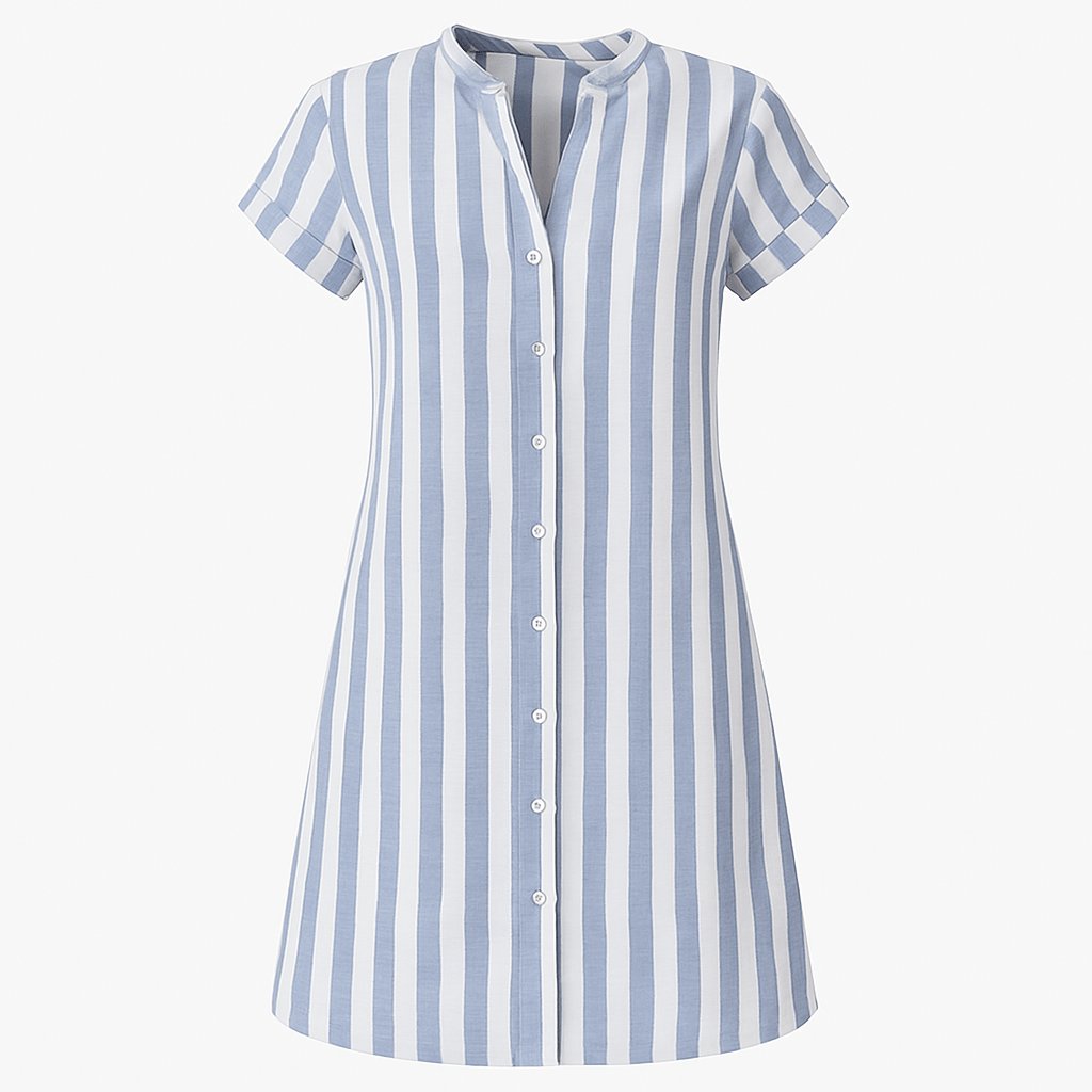 Damen Gestreiftes Leinen Hemdkleid Kurzarm