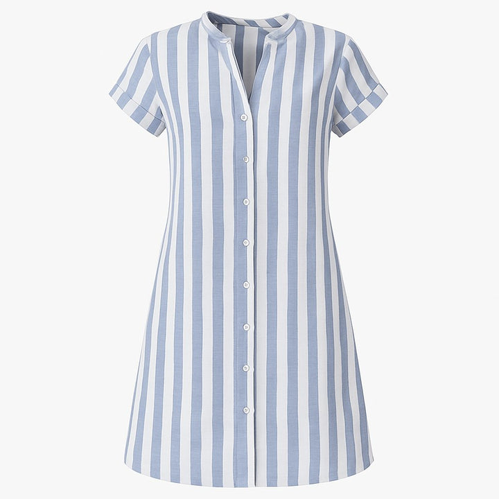 Damen Gestreiftes Leinen Hemdkleid Kurzarm