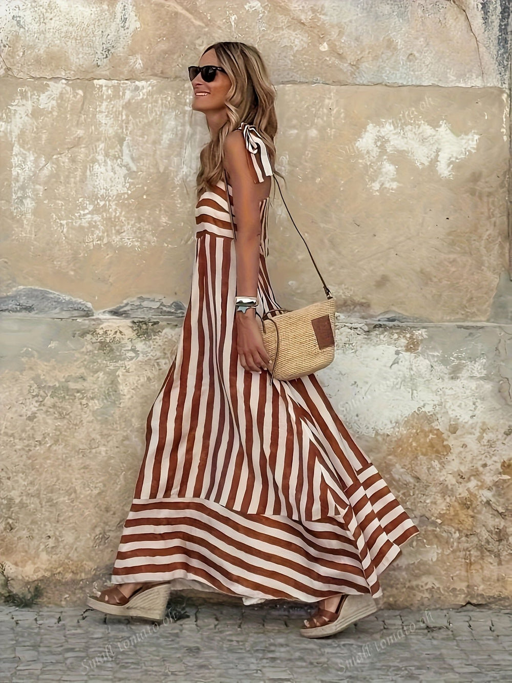 Damen Gestreiftes Maxi-Kleid mit Bindenden Spaghettiträgern