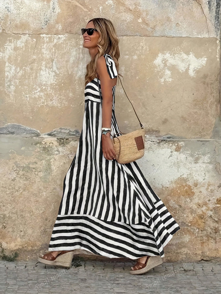 Damen Gestreiftes Maxi-Kleid mit Bindenden Spaghettiträgern