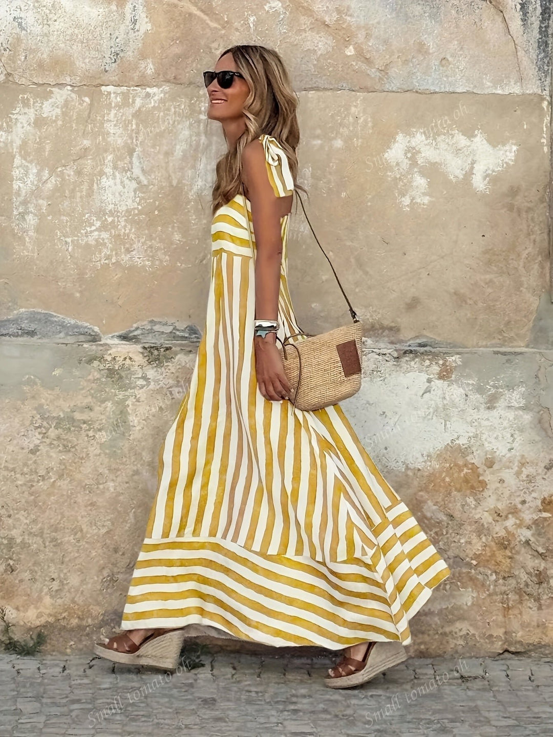 Damen Gestreiftes Maxi-Kleid mit Bindenden Spaghettiträgern