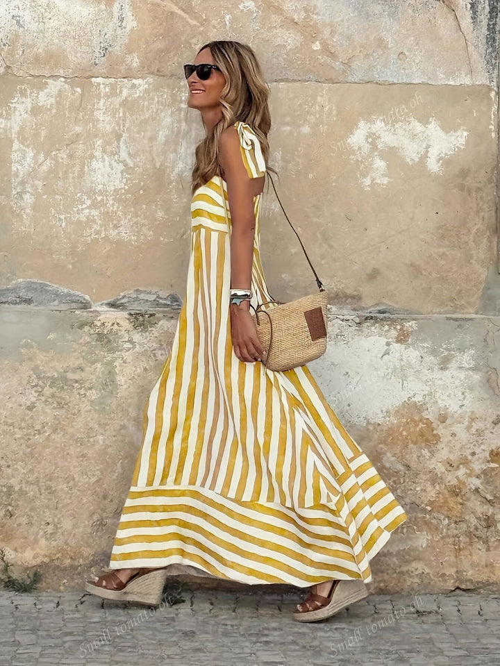 Damen Gestreiftes Maxi-Kleid mit Bindenden Spaghettiträgern