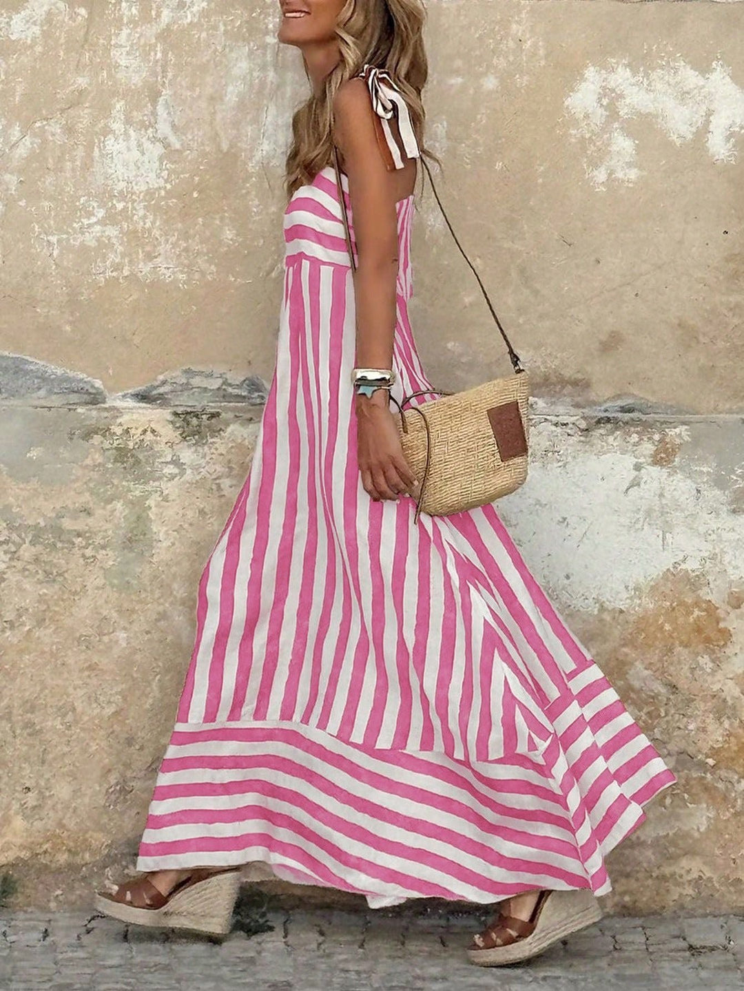 Damen Gestreiftes Maxi-Kleid mit Bindenden Spaghettiträgern - Pink