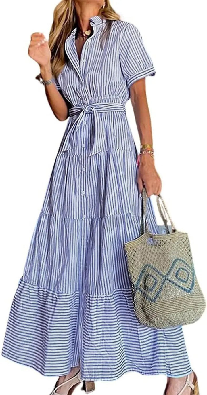 Damen Gestreiftes Polo-Kragen Maxi Hemdkleid mit Bindegürtel - Blue