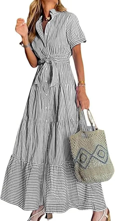 Damen Gestreiftes Polo-Kragen Maxi Hemdkleid mit Bindegürtel - Black