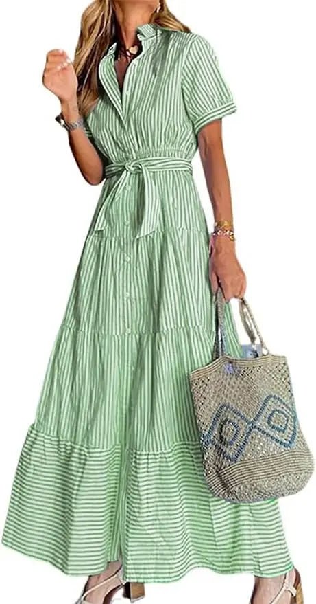 Damen Gestreiftes Polo-Kragen Maxi Hemdkleid mit Bindegürtel - Green
