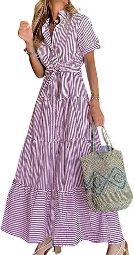 Damen Gestreiftes Polo-Kragen Maxi Hemdkleid mit Bindegürtel - Purple