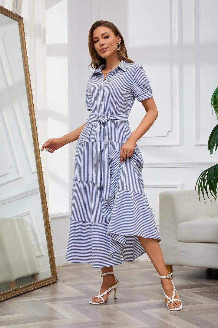 Damen Gestreiftes Polo-Kragen Maxi Hemdkleid mit Bindegürtel
