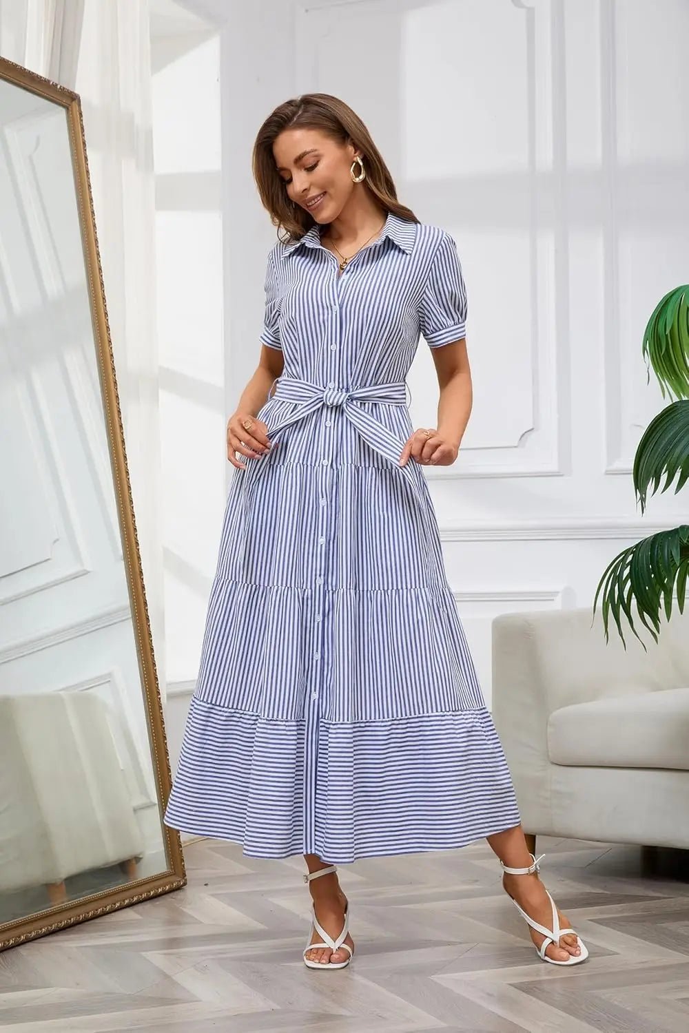 Damen Gestreiftes Polo-Kragen Maxi Hemdkleid mit Bindegürtel