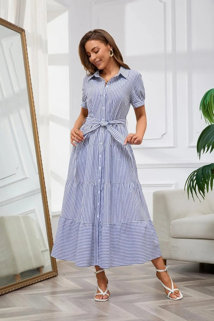 Damen Gestreiftes Polo-Kragen Maxi Hemdkleid mit Bindegürtel