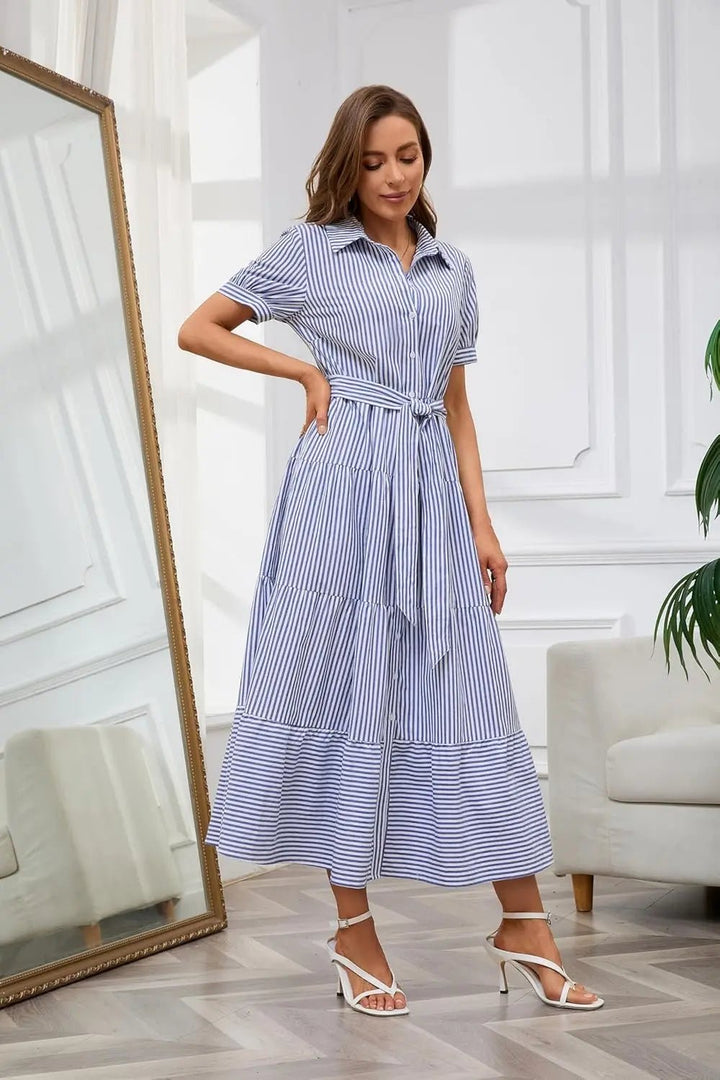 Damen Gestreiftes Polo-Kragen Maxi Hemdkleid mit Bindegürtel