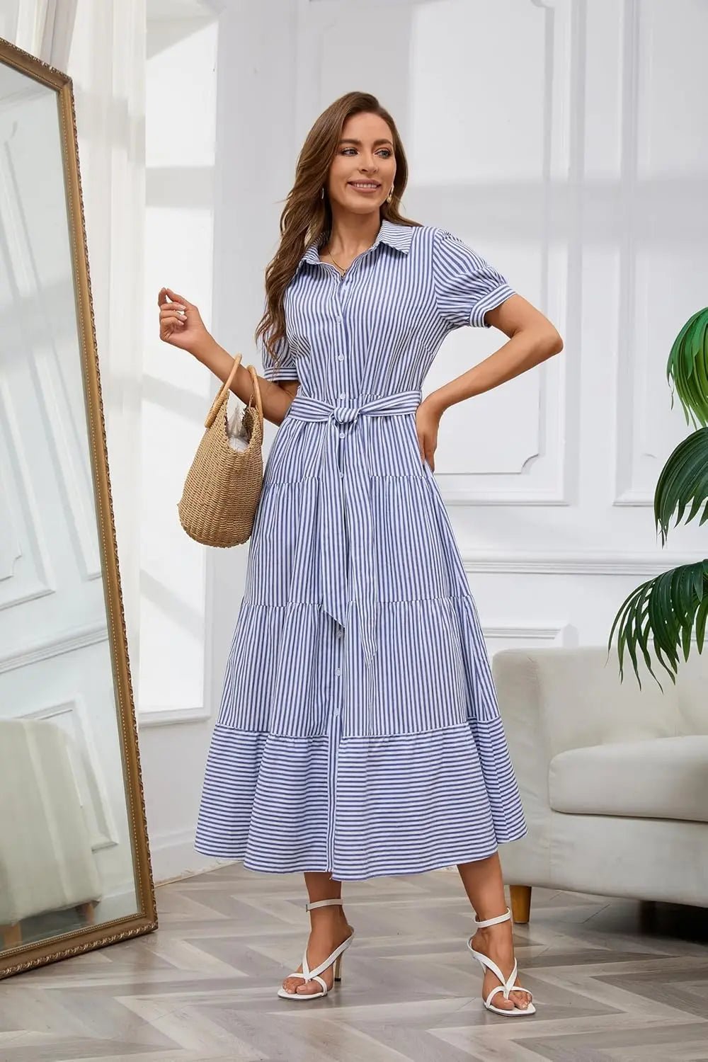 Damen Gestreiftes Polo-Kragen Maxi Hemdkleid mit Bindegürtel