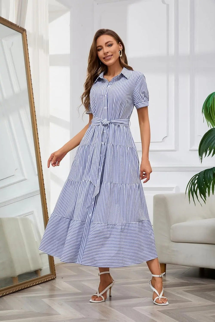 Damen Gestreiftes Polo-Kragen Maxi Hemdkleid mit Bindegürtel
