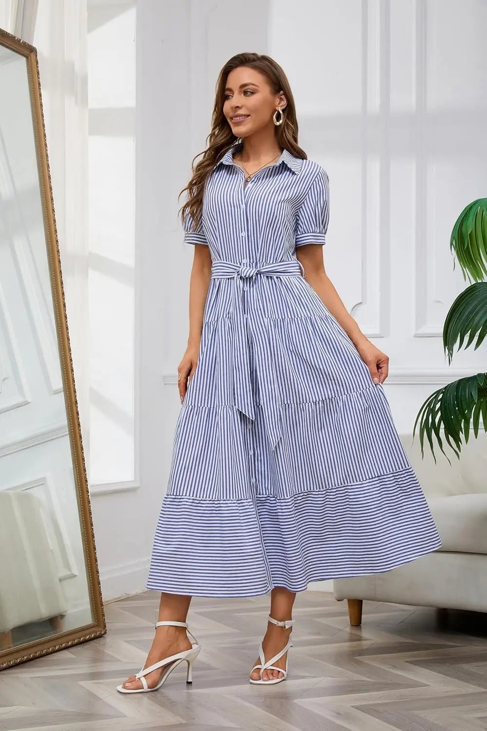 Damen Gestreiftes Polo-Kragen Maxi Hemdkleid mit Bindegürtel