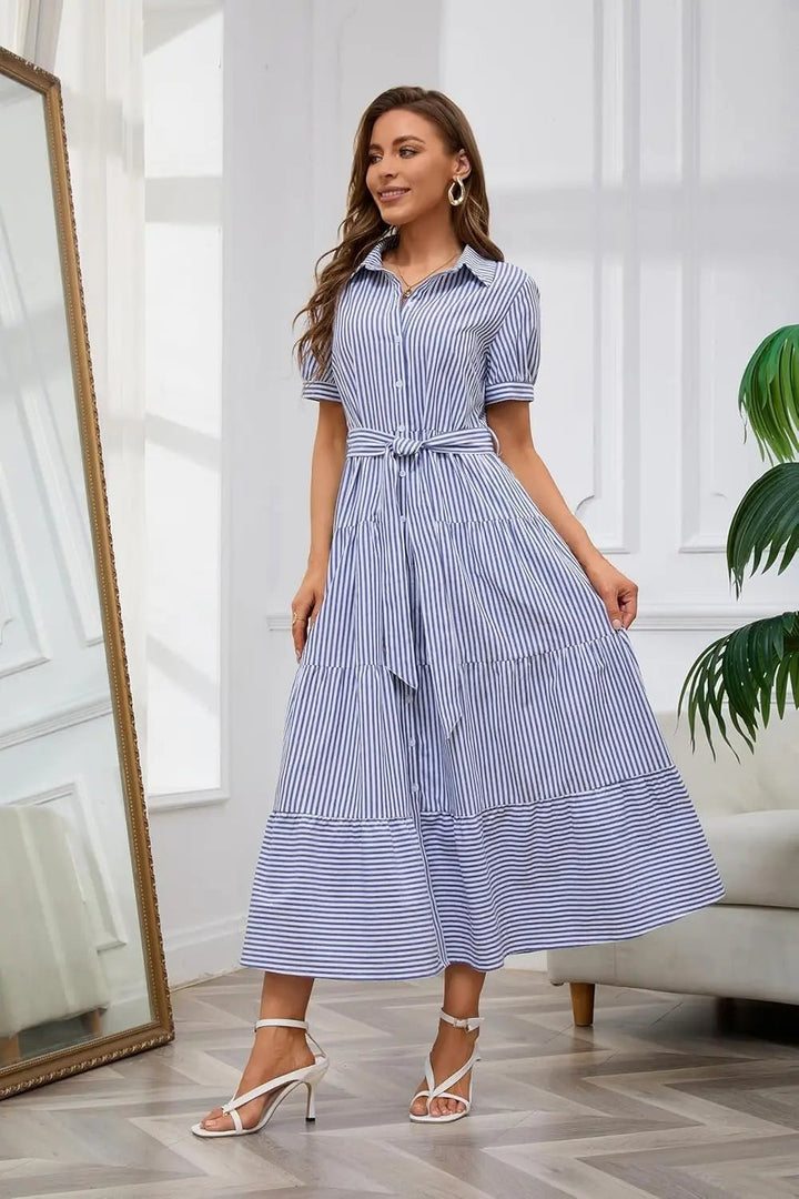 Damen Gestreiftes Polo-Kragen Maxi Hemdkleid mit Bindegürtel