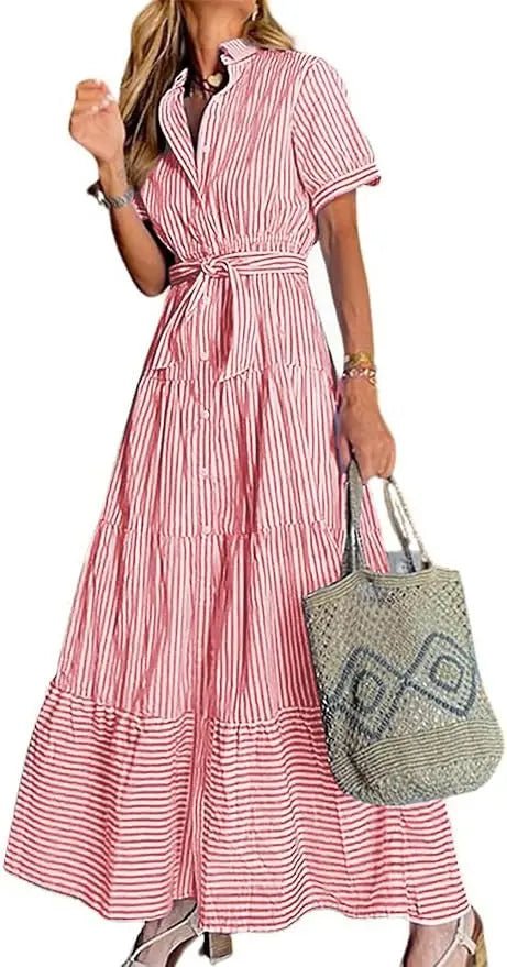 Damen Gestreiftes Polo-Kragen Maxi Hemdkleid mit Bindegürtel - Red