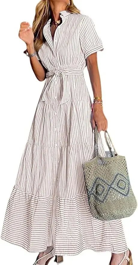 Damen Gestreiftes Polo-Kragen Maxi Hemdkleid mit Bindegürtel - Khaki