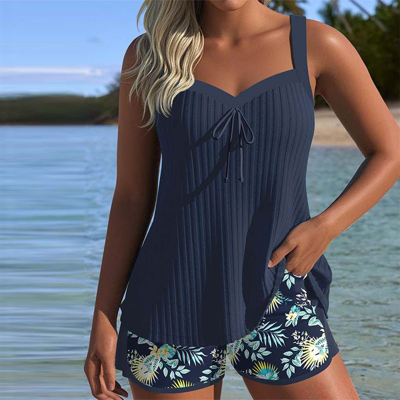 Damen Gestreiftes Two-Piece Set Tankini mit Shorts - Navy Blue
