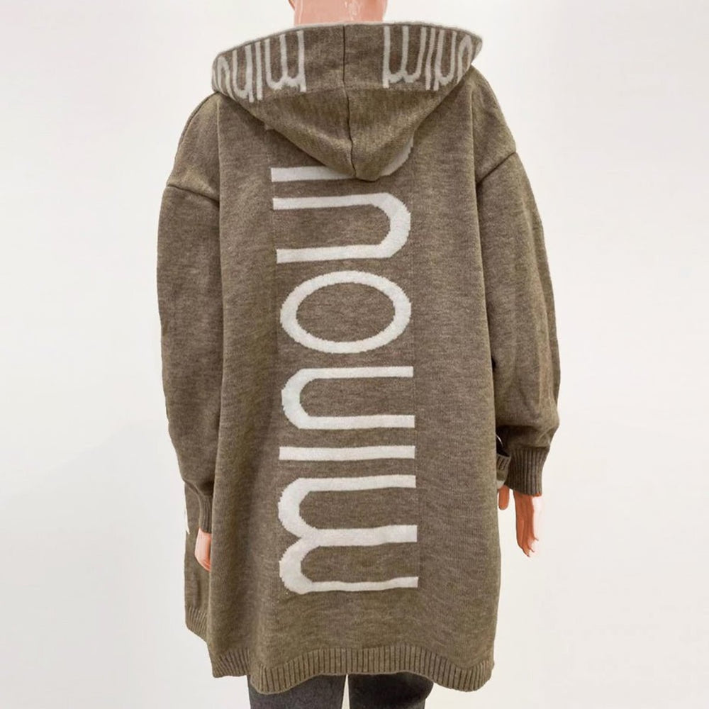 Damen Gestrickte Kapuzenjacke mit Schriftzug Muster Offene Strickjacke