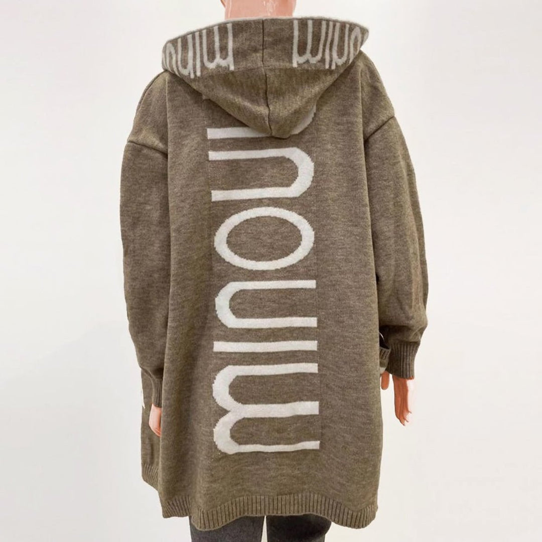Damen Gestrickte Kapuzenjacke mit Schriftzug Muster Offene Strickjacke