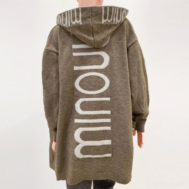 Damen Gestrickte Kapuzenjacke mit Schriftzug Muster Offene Strickjacke