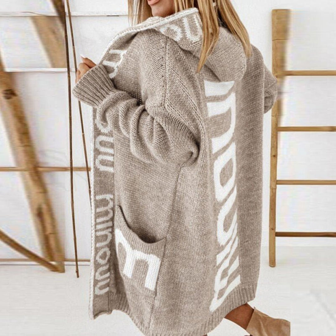 Damen Gestrickte Kapuzenjacke mit Schriftzug Muster Offene Strickjacke - Beige