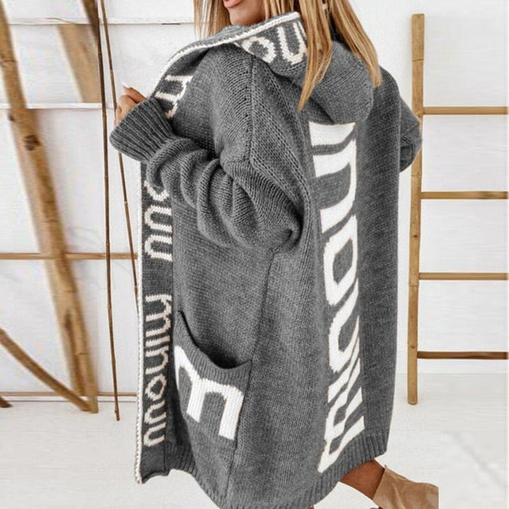 Damen Gestrickte Kapuzenjacke mit Schriftzug Muster Offene Strickjacke - Grau