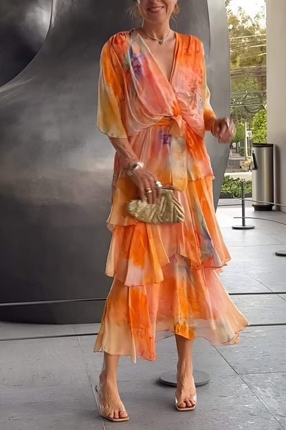 Damen Gestufte Chiffon Maxikleid Langarm V-Ausschnitt - Orange