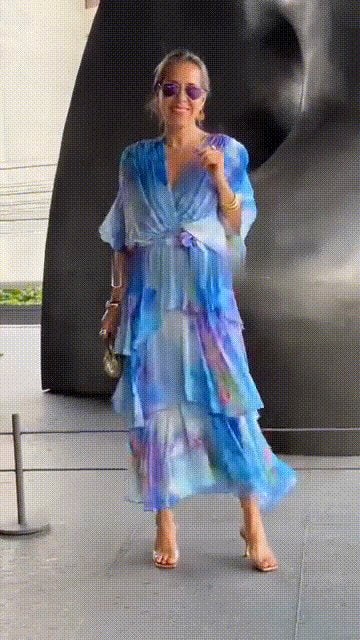 Damen Gestufte Chiffon Maxikleid Langarm V-Ausschnitt