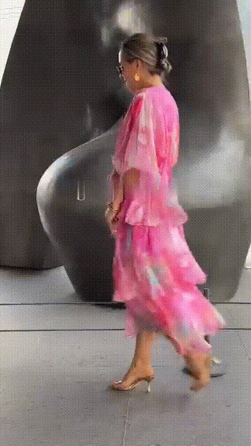 Damen Gestufte Chiffon Maxikleid Langarm V-Ausschnitt