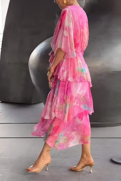 Damen Gestufte Chiffon Maxikleid Langarm V-Ausschnitt