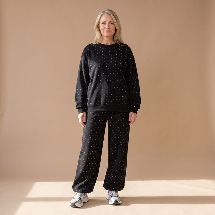 Damen Glitzer Loungewear Zweiteiler Sweater und Weithose - Schwarz
