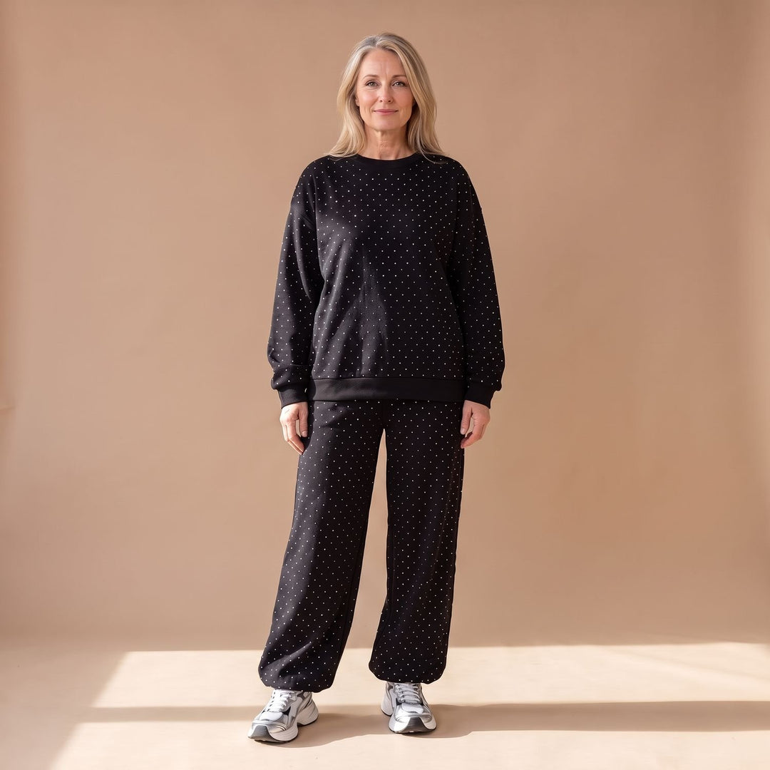 Damen Glitzer Loungewear Zweiteiler Sweater und Weithose