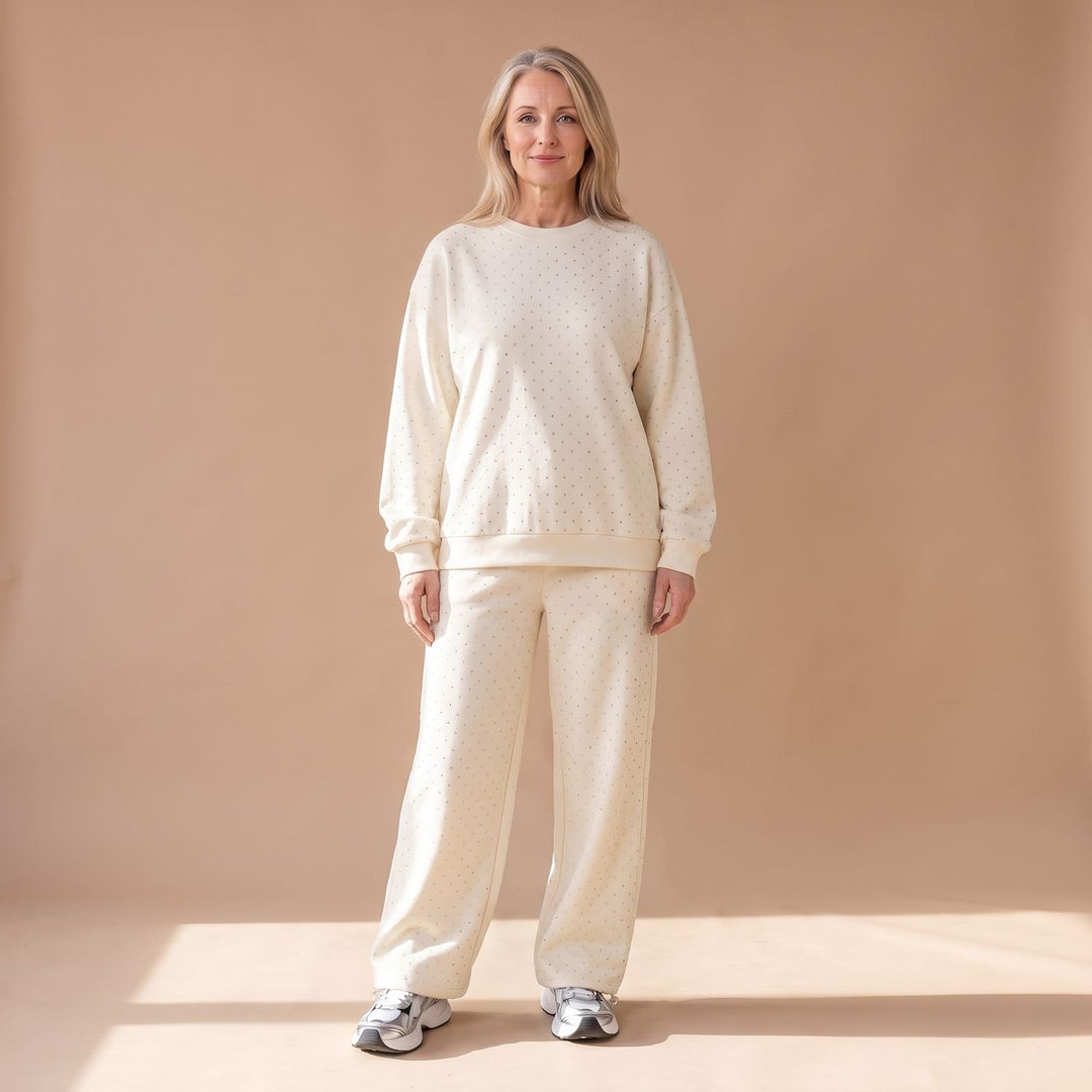 Damen Glitzer Loungewear Zweiteiler Sweater und Weithose - Cremeweiß