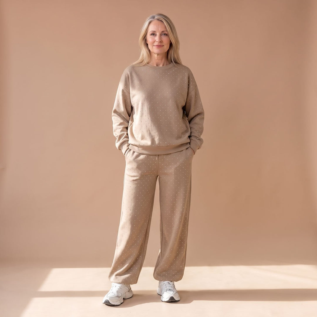 Damen Glitzer Loungewear Zweiteiler Sweater und Weithose