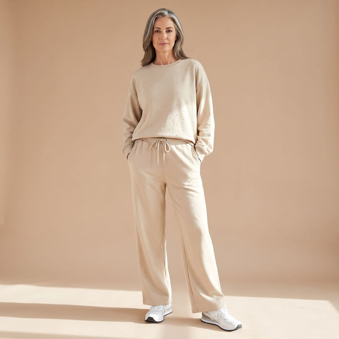 Damen Glitzer Loungewear Zweiteiler Sweater und Weithose - Beige