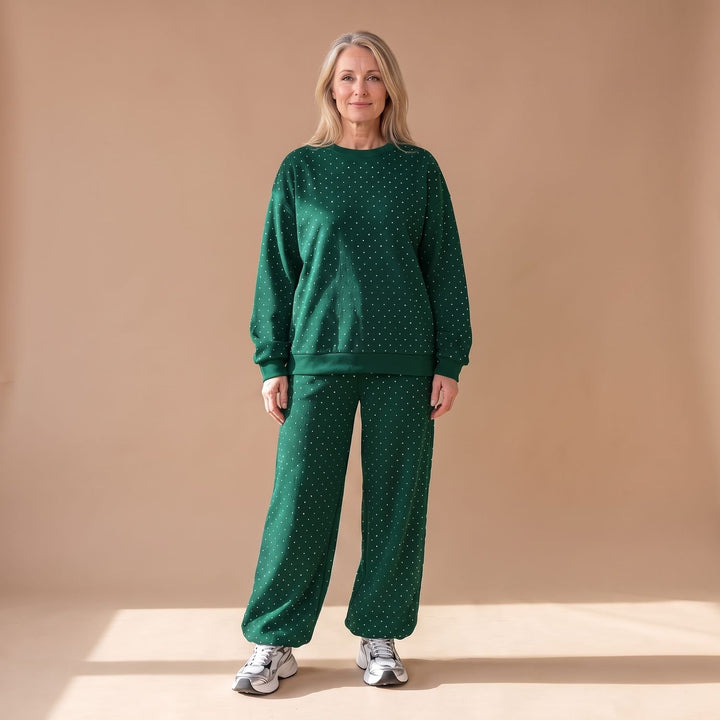Damen Glitzer Loungewear Zweiteiler Sweater und Weithose - Grün