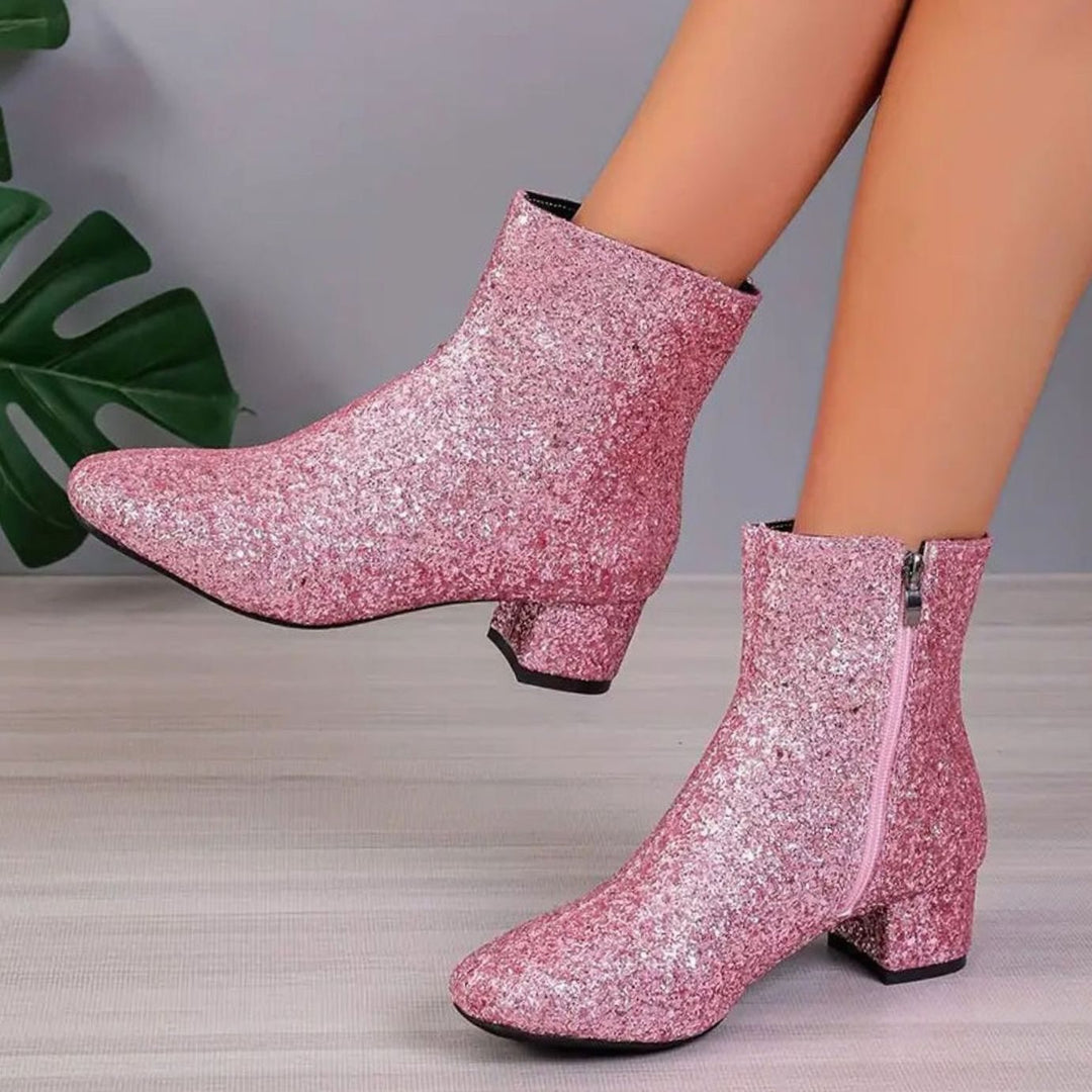 Damen Glitzer Stiefeletten mit Blockabsatz und Seitlichem Reißverschluss - Knallpink