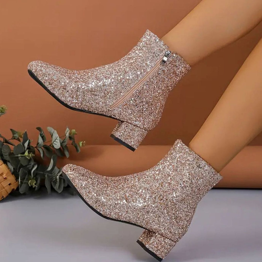 Damen Glitzer Stiefeletten mit Blockabsatz und Seitlichem Reißverschluss - Gold