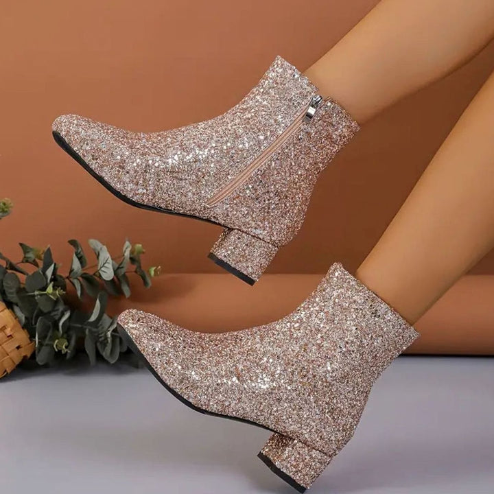 Damen Glitzer Stiefeletten mit Blockabsatz und Seitlichem Reißverschluss - Gold