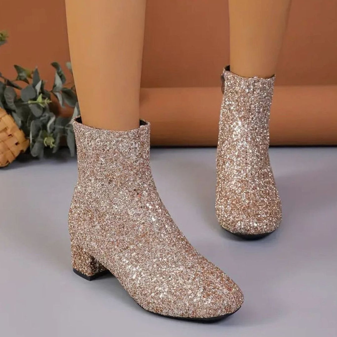 Damen Glitzer Stiefeletten mit Blockabsatz und Seitlichem Reißverschluss