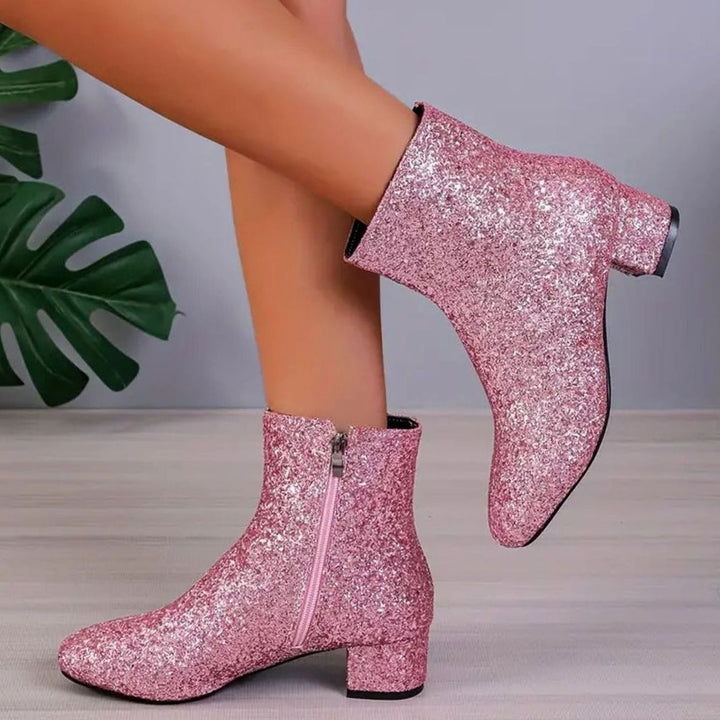 Damen Glitzer Stiefeletten mit Blockabsatz und Seitlichem Reißverschluss