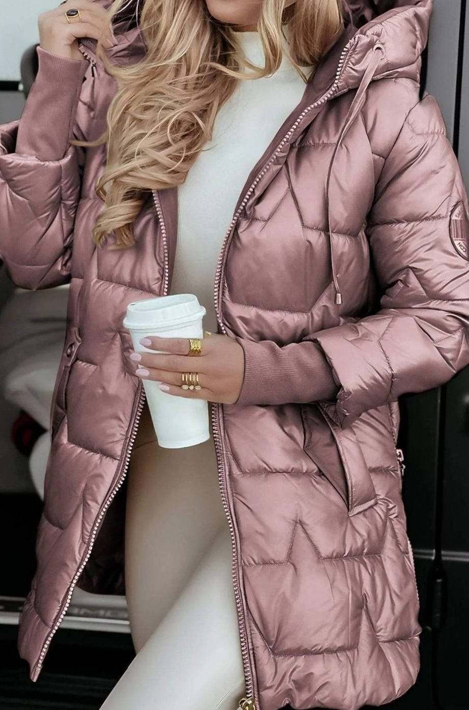 Damen Glänzende Steppjacke mit Kapuze Winterjacke - Rosa