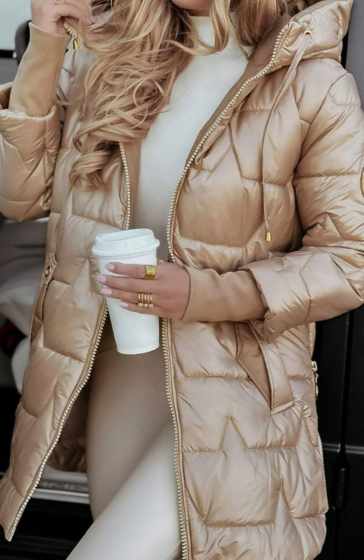 Damen Glänzende Steppjacke mit Kapuze Winterjacke - Beige