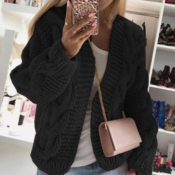 Damen Grob-Strick Cardigan Offene Strickjacke Oversized - Schwarz