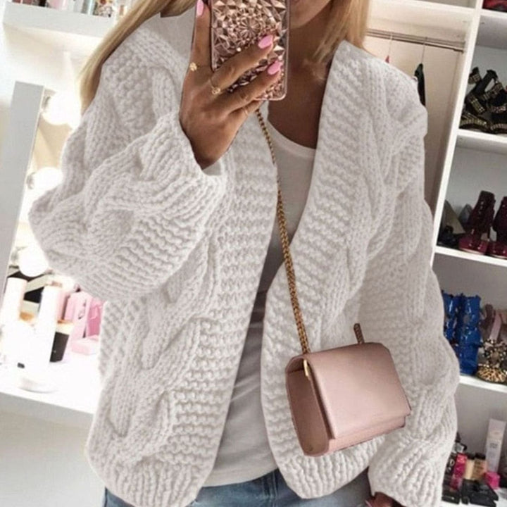 Damen Grob-Strick Cardigan Offene Strickjacke Oversized - Weiß