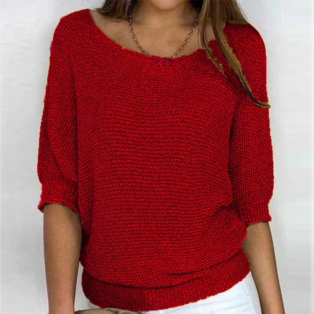 Damen Grobstrick-Pullover Rundhals Halbarm Lässiger Strickpullover - Rot