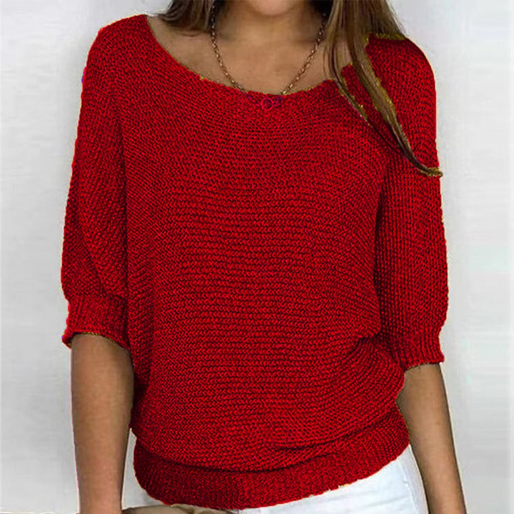 Damen Grobstrick-Pullover Rundhals Halbarm Lässiger Strickpullover - Rot