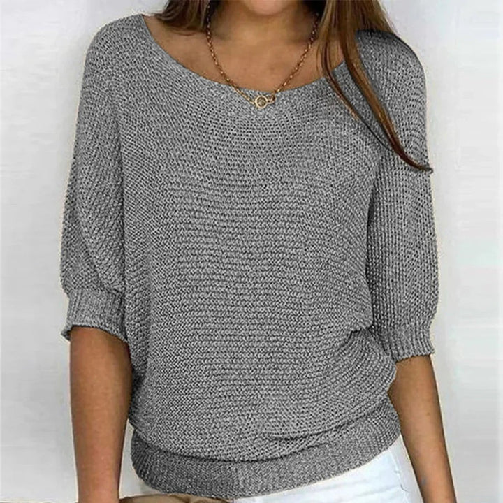 Damen Grobstrick-Pullover Rundhals Halbarm Lässiger Strickpullover - Grau